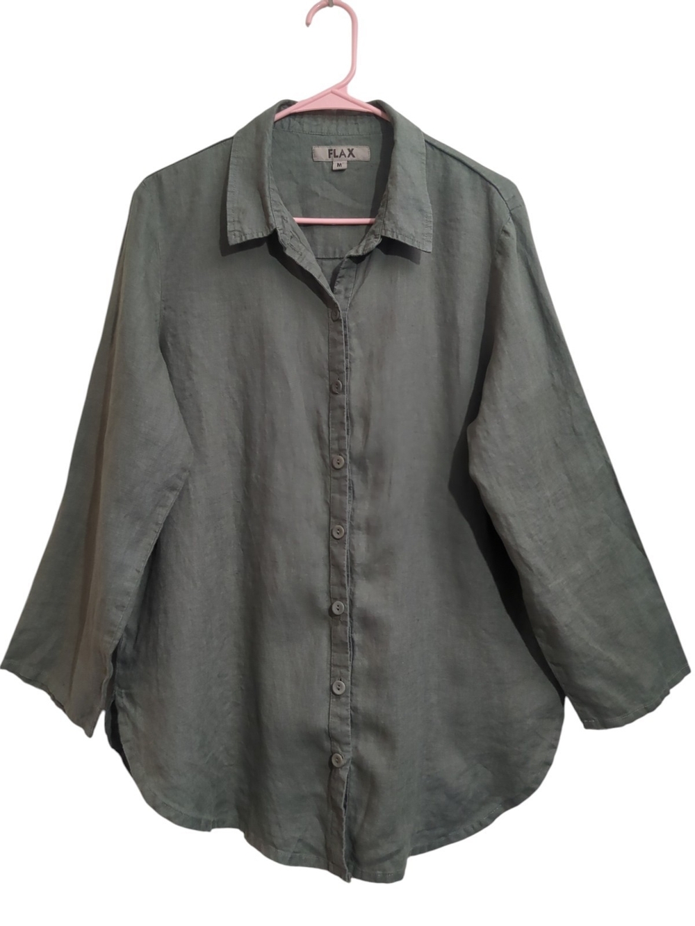 FLAX Men's Olive Green Linen Button-Up Shirt